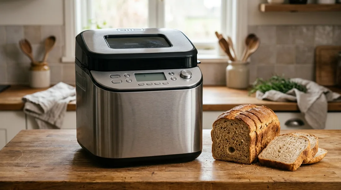 Aufgeschnittenes Kastenbrot mit Loch im Boden neben einem geschlossenen Brotbackautomaten mit Display auf einer Küchenarbeitsplatte (Symbolbild, zeigt kein bestimmtes Modell)