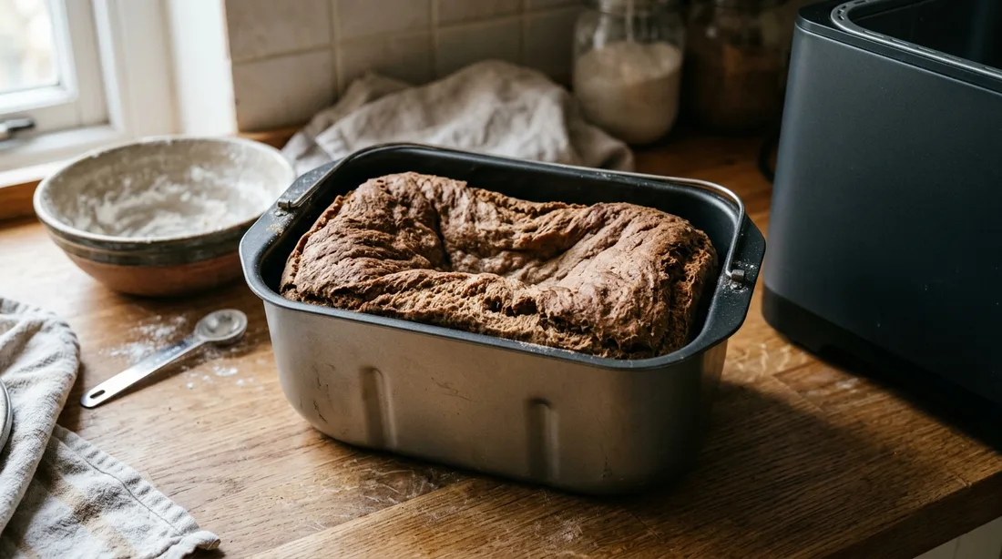 Zusammengefallenes Brot in der Backform eines Brotbackautomaten auf einer Küchenarbeitsplatte