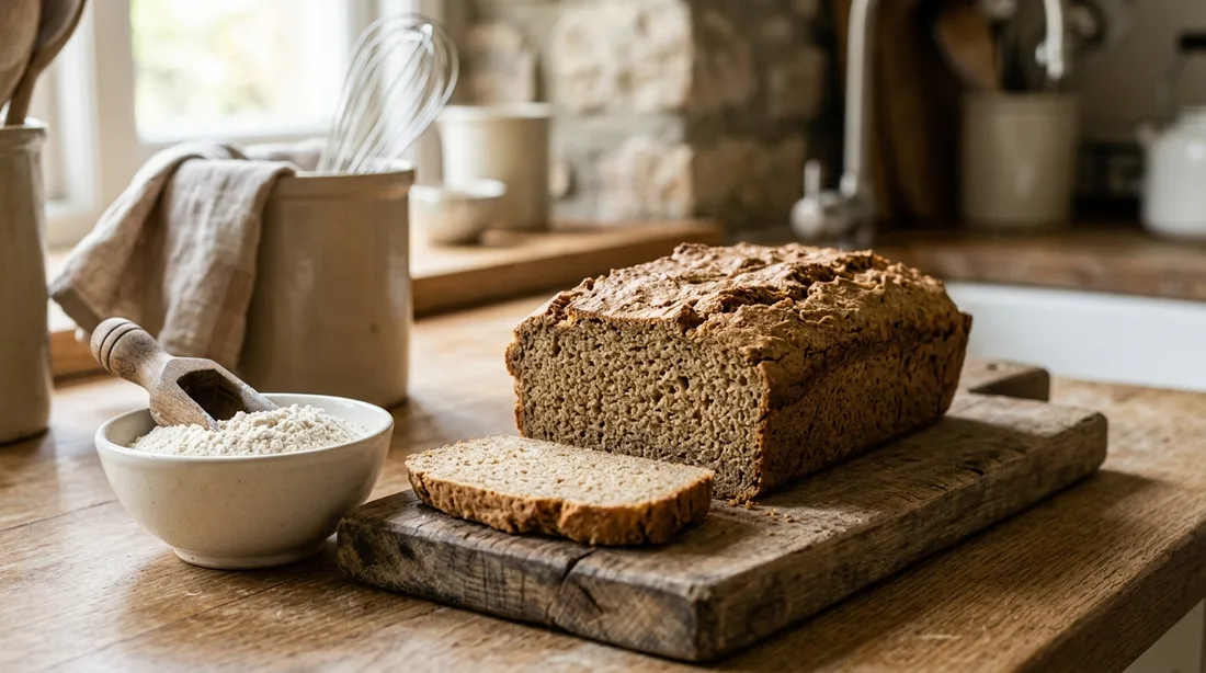 Flaches, dicht gebackenes glutenfreies Kastenbrot und eine Schale mit hellem Mehl auf einem Holzbrett