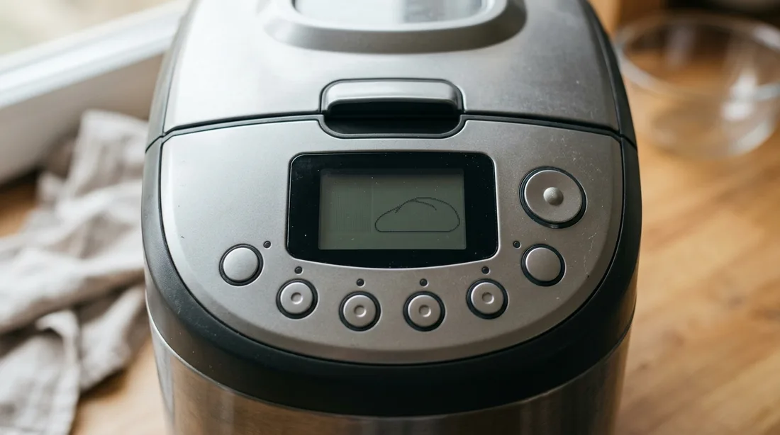 Bedienfeld eines Brotbackautomaten mit Display und Programmtasten in Nahaufnahme