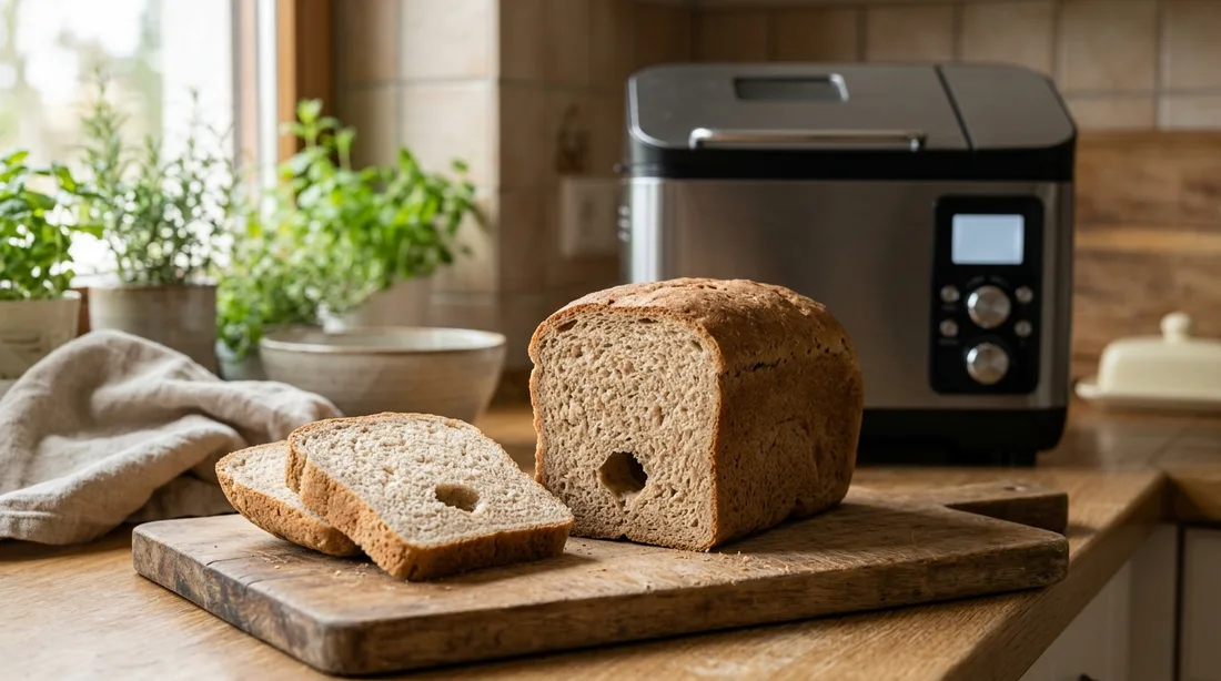 Aufgeschnittenes Kastenbrot mit Loch im Boden auf einem Holzbrett, im Hintergrund ein Brotbackautomat