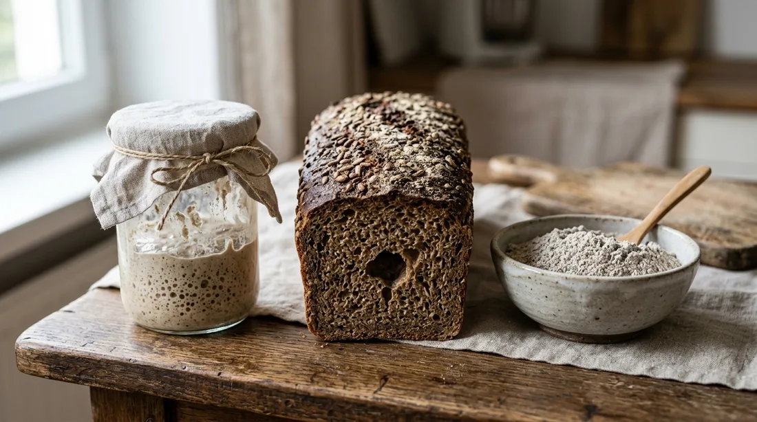 Dunkles Vollkorn-Kastenbrot mit Loch im Boden neben einem Glas Sauerteigansatz und einer Schale Roggenmehl